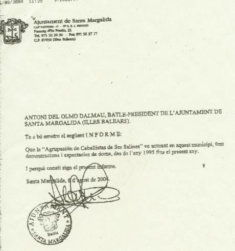 Informe de Del Olmo sobre actuacions dels cavallistes de Ses Salines a Santa Margalida.